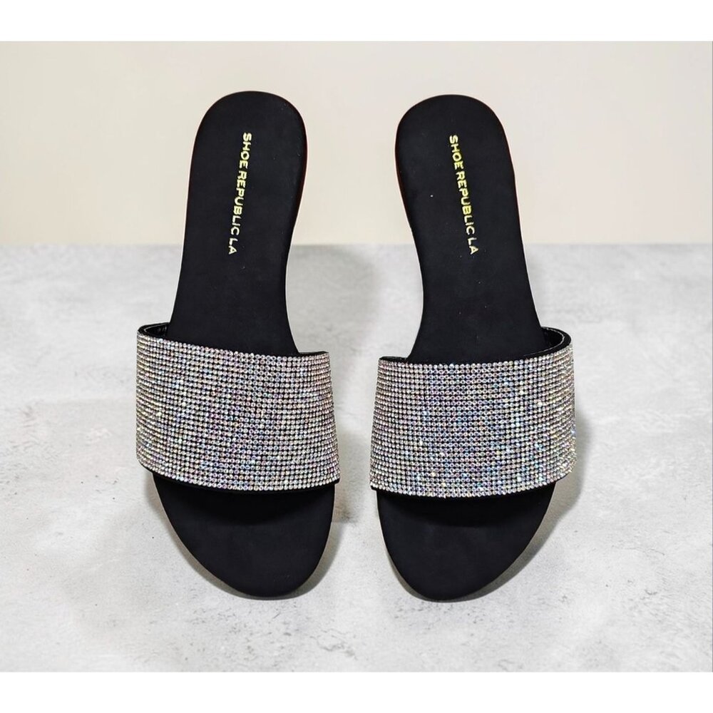 Rhinestone Embellished Slide Sandals Black Sole Multicolor Sparkle Band - Picture 1 of 6